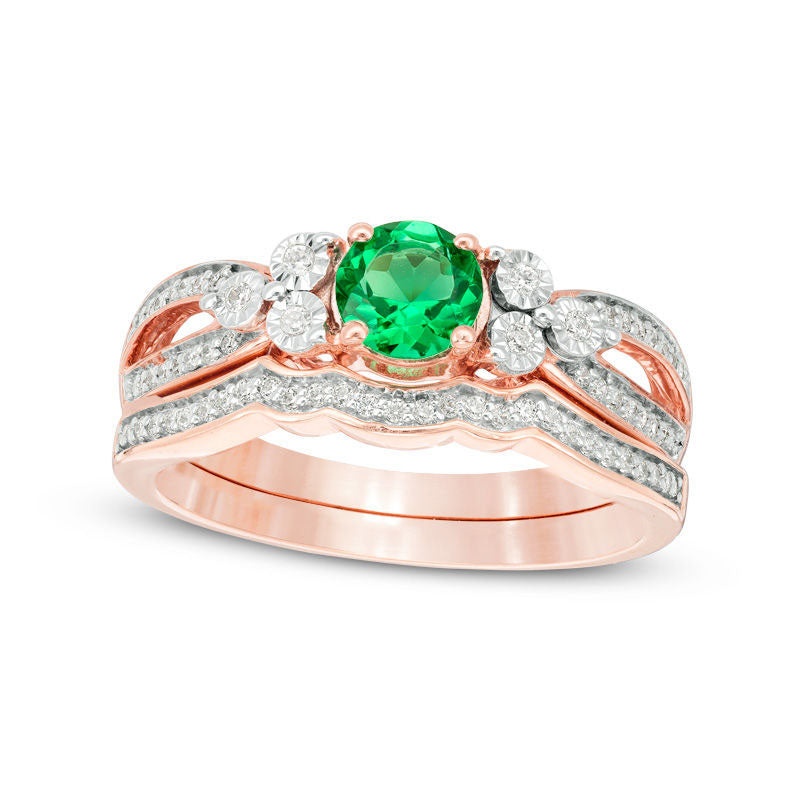 Image of ID 1 58mm Lab-Created Emerald and 020 CT TW Diamond Tri-Sides Bridal Engagement Ring Set in Solid 10K Rose Gold