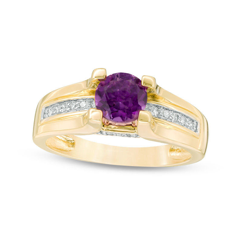 Image of ID 1 60mm Amethyst and 010 CT TW Natural Diamond Cathedral Shank Ring in Solid 10K Yellow Gold