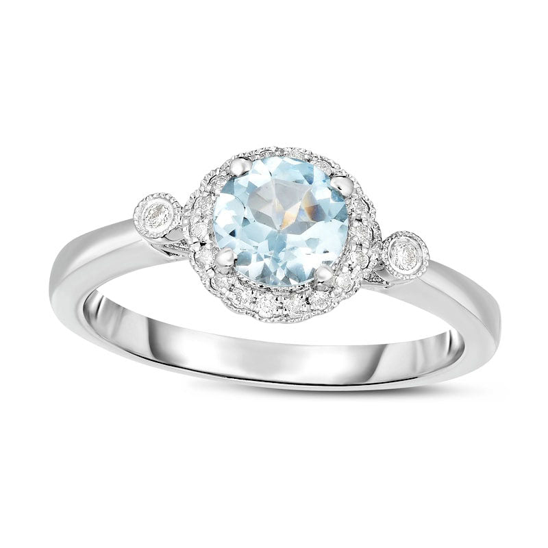 Image of ID 1 60mm Aquamarine and 010 CT TW Natural Diamond Frame Antique Vintage-Style Ring in Solid 14K White Gold - Size 7