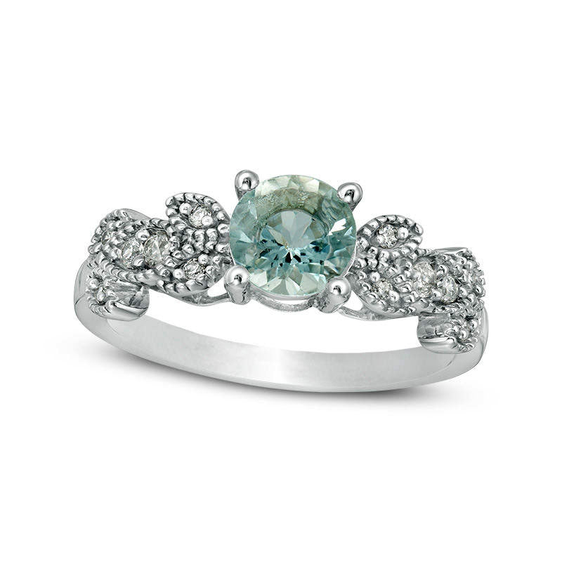 Image of ID 1 60mm Aquamarine and 013 CT TW Natural Diamond Antique Vintage-Style Vine Ring in Solid 10K White Gold