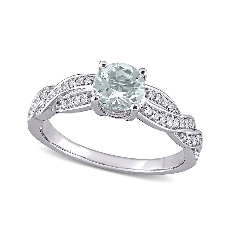 Image of ID 1 60mm Aquamarine and 025 CT TW Natural Diamond Twist Shank Ring in Solid 14K White Gold