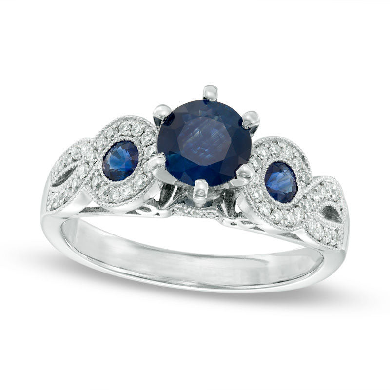 Image of ID 1 60mm Blue Sapphire and 020 CT TW Natural Diamond Antique Vintage-Style Engagement Ring in Solid 14K White Gold