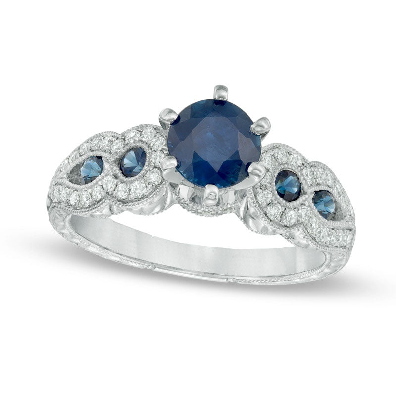 Image of ID 1 60mm Blue Sapphire and 025 CT TW Natural Diamond Engagement Ring in Solid 14K White Gold