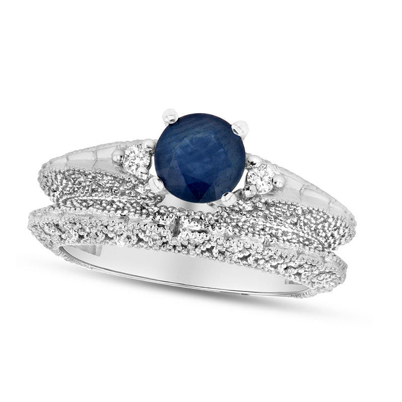 Image of ID 1 60mm Blue Sapphire and 033 CT TW Natural Diamond Paisley Antique Vintage-Style Bridal Engagement Ring Set in Solid 14K White Gold