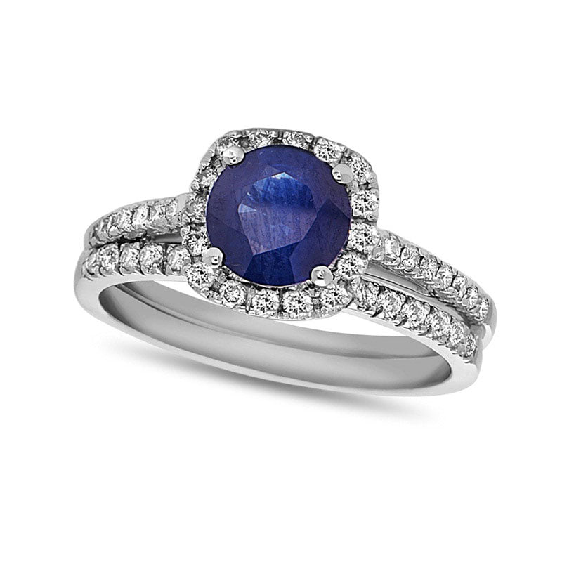 Image of ID 1 60mm Blue Sapphire and 038 CT TW Natural Diamond Cushion Frame Bridal Engagement Ring Set in Solid 14K White Gold