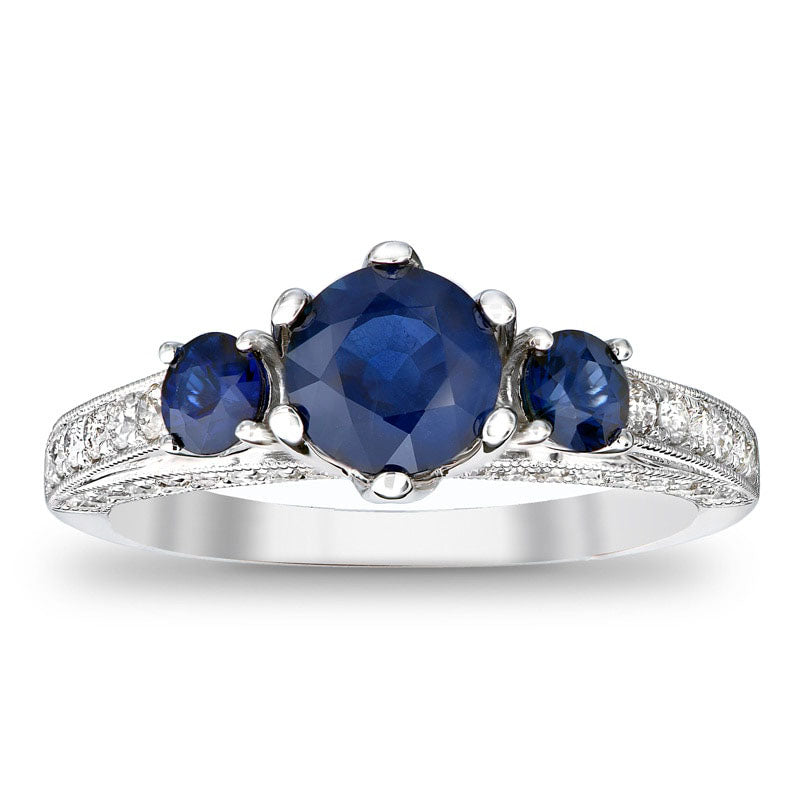 Image of ID 1 60mm Blue Sapphire and 038 CT TW Natural Diamond Engagement Three Stone Ring in Solid 14K White Gold