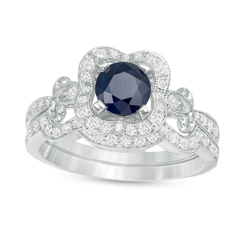 Image of ID 1 60mm Blue Sapphire and 050 CT TW Natural Diamond Clover Frame Leaf-Sides Antique Vintage-Style Bridal Engagement Ring Set in Solid 10K White Gold