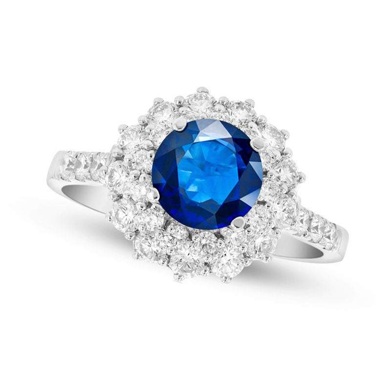 Image of ID 1 60mm Blue Sapphire and 088 CT TW Natural Diamond Starburst Frame Ring in Solid 18K White Gold