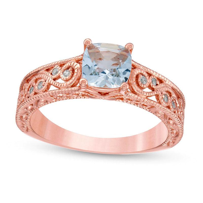 Image of ID 1 60mm Cushion-Cut Aquamarine and 005 CT TW Natural Diamond Scroll Open Shank Antique Vintage-Style Ring in Solid 10K Rose Gold