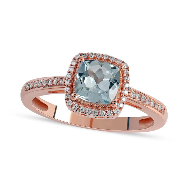 Image of ID 1 60mm Cushion-Cut Aquamarine and 010 CT TW Natural Diamond Frame Scrollwork Gallery Antique Vintage-Style Ring in Solid 10K Rose Gold