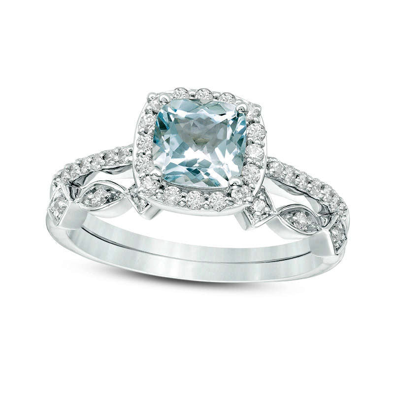 Image of ID 1 60mm Cushion-Cut Aquamarine and 020 CT TW Natural Diamond Frame Art Deco Bridal Engagement Ring Set in Solid 10K White Gold