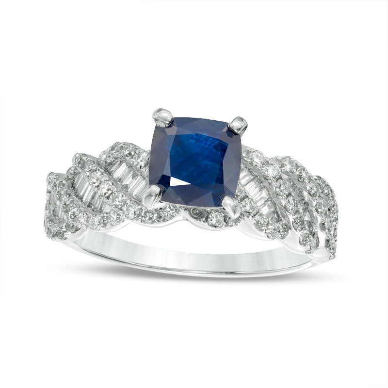 Image of ID 1 60mm Cushion-Cut Blue Sapphire and 088 CT TW Natural Diamond Cascading Shank Ring in Solid 18K White Gold