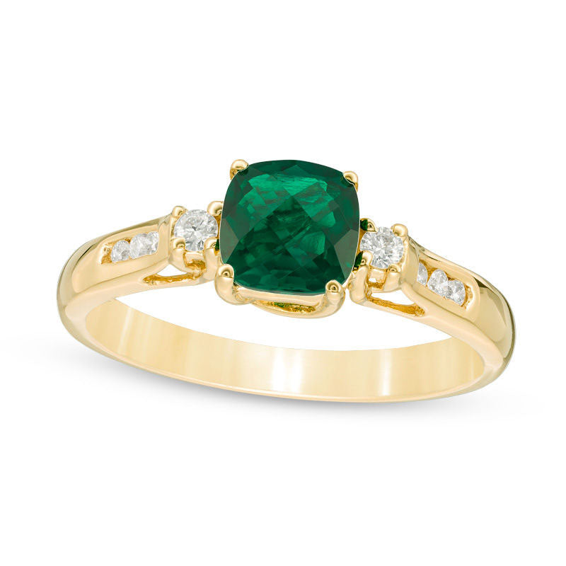 Image of ID 1 60mm Cushion-Cut Emerald and 013 CT TW Natural Diamond Ring in Solid 10K Yellow Gold