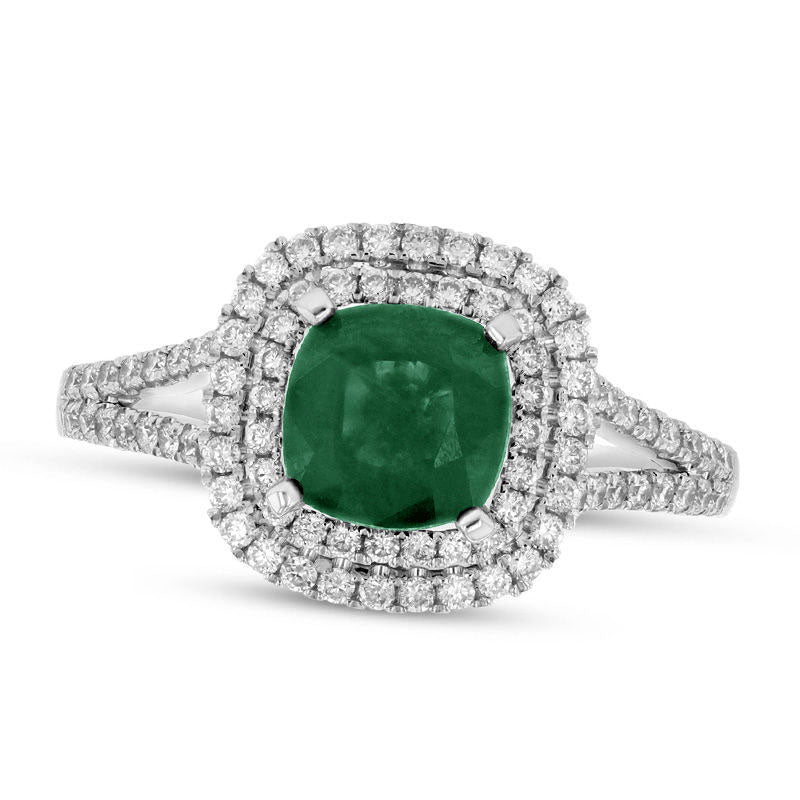 Image of ID 1 60mm Cushion-Cut Emerald and 038 CT TW Natural Diamond Double Frame Split Shank Engagement Ring in Solid 14K White Gold