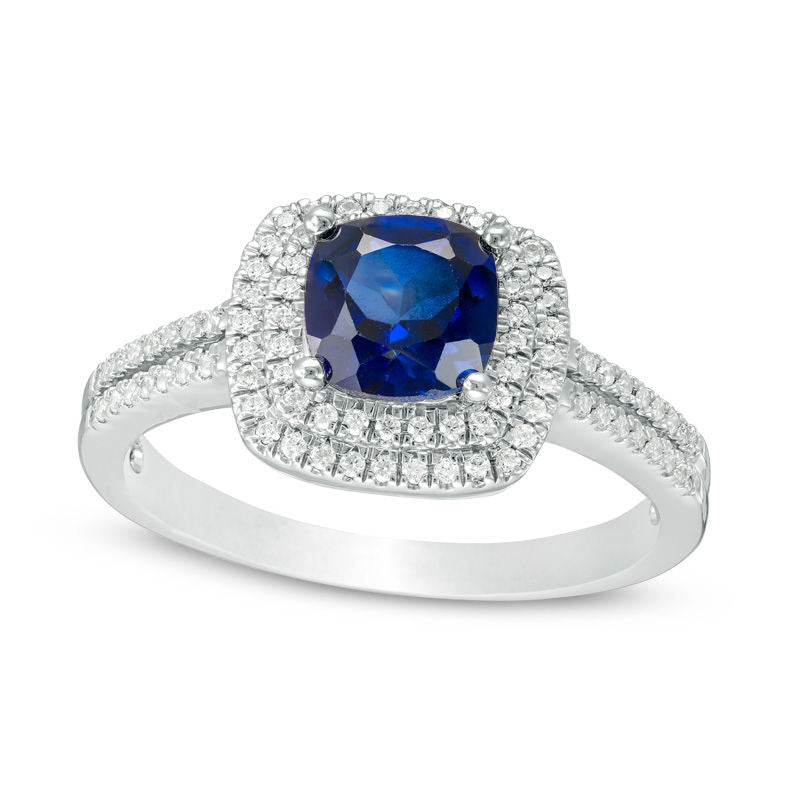 Image of ID 1 60mm Cushion-Cut Lab-Created Blue Sapphire and 025 CT TW Diamond Double Frame Engagement Ring in Solid 10K White Gold