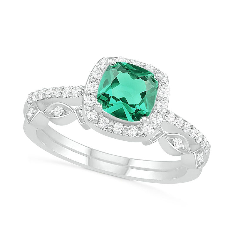 Image of ID 1 60mm Cushion-Cut Lab-Created Emerald and 025 CT TW Diamond Frame Art Deco Bridal Engagement Ring Set in Solid 10K White Gold