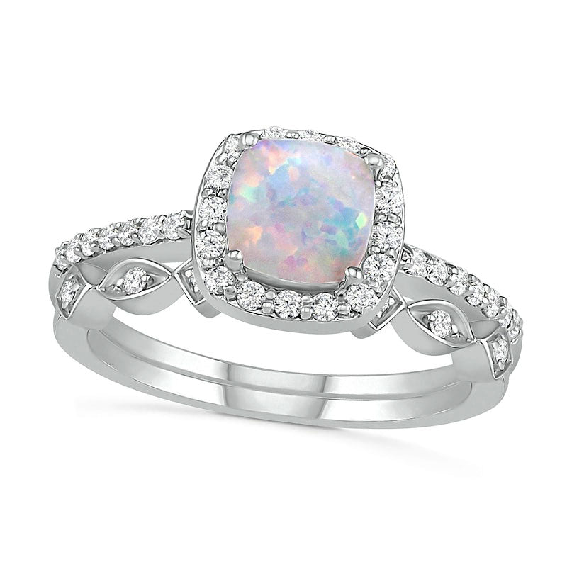 Image of ID 1 60mm Cushion-Cut Lab-Created Opal and 025 CT TW Diamond Frame Art Deco Bridal Engagement Ring Set in Solid 10K White Gold