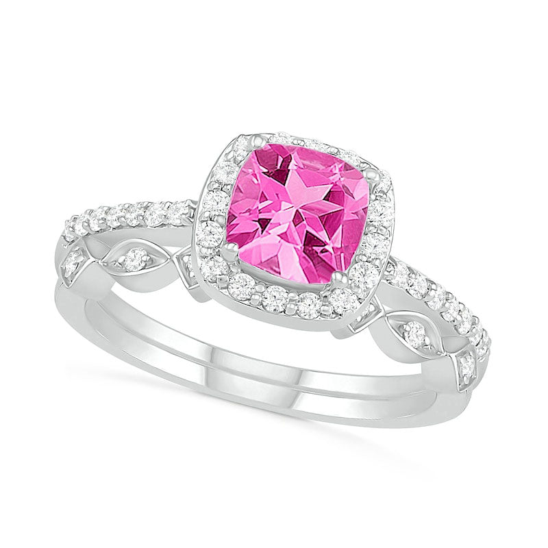 Image of ID 1 60mm Cushion-Cut Lab-Created Pink Sapphire and 025 CT TW Diamond Frame Art Deco Bridal Engagement Ring Set in Solid 10K White Gold