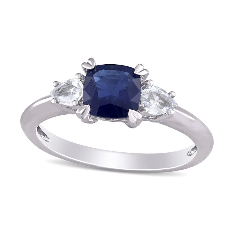 Image of ID 1 60mm Cushion-Cut and Pear-Shaped Blue and White Sapphire Three Stone Ring in Solid 14K White Gold