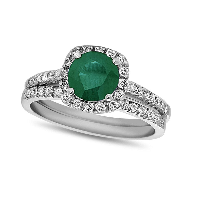 Image of ID 1 60mm Emerald and 038 CT TW Natural Diamond Frame Bridal Engagement Ring Set in Solid 14K White Gold