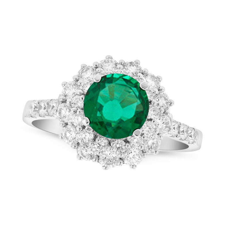 Image of ID 1 60mm Emerald and 088 CT TW Natural Diamond Sunburst Frame Ring in Solid 18K White Gold