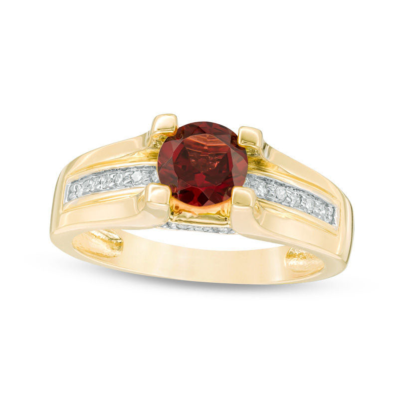 Image of ID 1 60mm Garnet and 010 CT TW Natural Diamond Cathedral Shank Ring in Solid 10K Yellow Gold