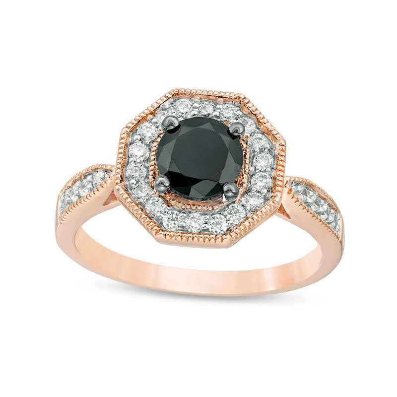 Image of ID 1 60mm Lab-Created Black Sapphire and 033 CT TW Diamond Octagon Frame Antique Vintage-Style Ring in Solid 10K Rose Gold