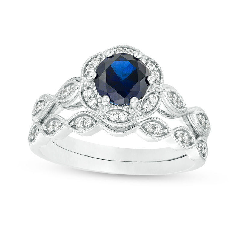 Image of ID 1 60mm Lab-Created Blue Sapphire and 020 CT TW Diamond Frame Bridal Engagement Ring Set in Solid 10K White Gold