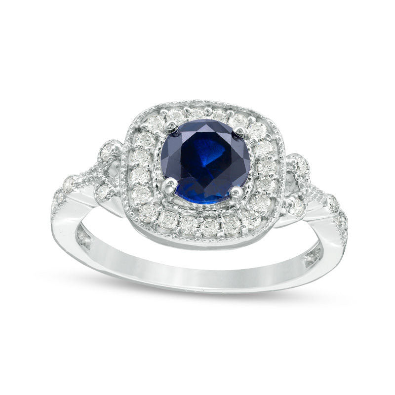 Image of ID 1 60mm Lab-Created Blue Sapphire and 025 CT TW Diamond Frame Antique Vintage-Style Engagement Ring in Solid 10K White Gold
