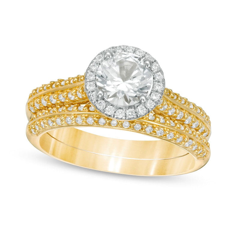 Image of ID 1 60mm Lab-Created White Sapphire and 038 CT TW Diamond Frame Double Row Bridal Engagement Ring Set in Solid 10K Yellow Gold
