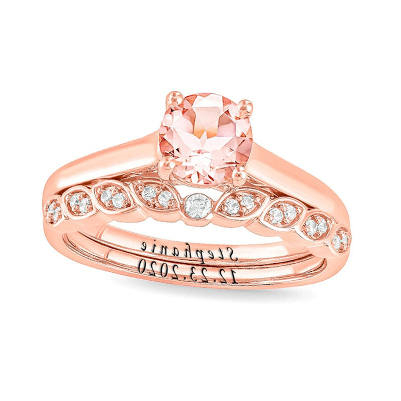 Image of ID 1 60mm Morganite and 010 CT TW Natural Diamond Marquise Leaf Shank Engravable Bridal Engagement Ring Set in Solid 10K Rose Gold (2 Lines)