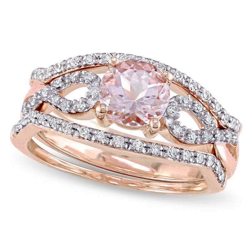 Image of ID 1 60mm Morganite and 020 CT TW Natural Diamond Twist Shank Three Piece Bridal Engagement Ring Set in Solid 10K Rose Gold