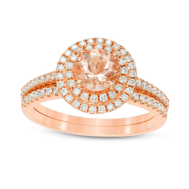 Image of ID 1 60mm Morganite and 038 CT TW Natural Diamond Double Frame Bridal Engagement Ring Set in Solid 14K Rose Gold