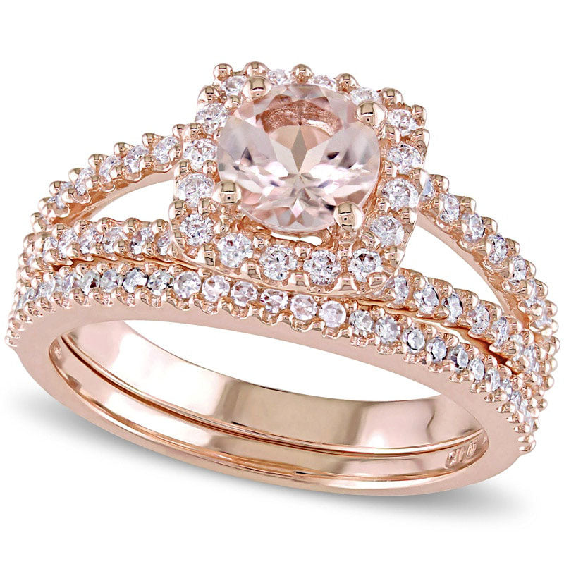 Image of ID 1 60mm Morganite and 063 CT TW Natural Diamond Square Frame Split Shank Bridal Engagement Ring Set in Solid 14K Rose Gold