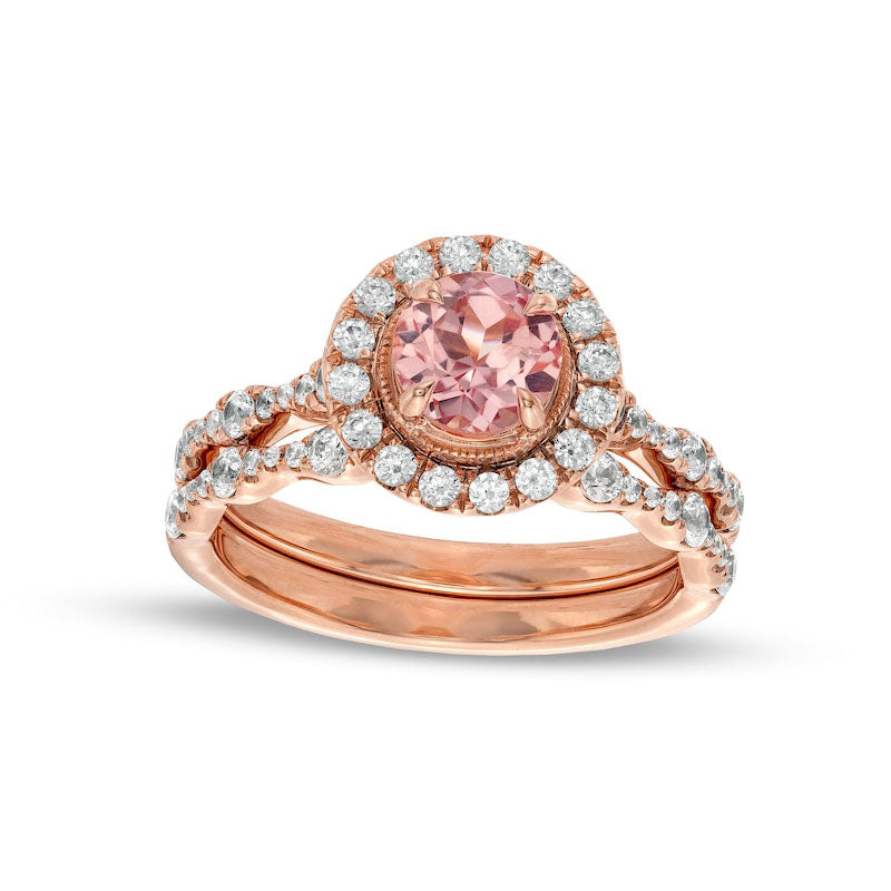 Image of ID 1 60mm Morganite and 075 CT TW Natural Diamond Frame Scallop Shank Antique Vintage-Style Bridal Engagement Ring Set in Solid 10K Rose Gold