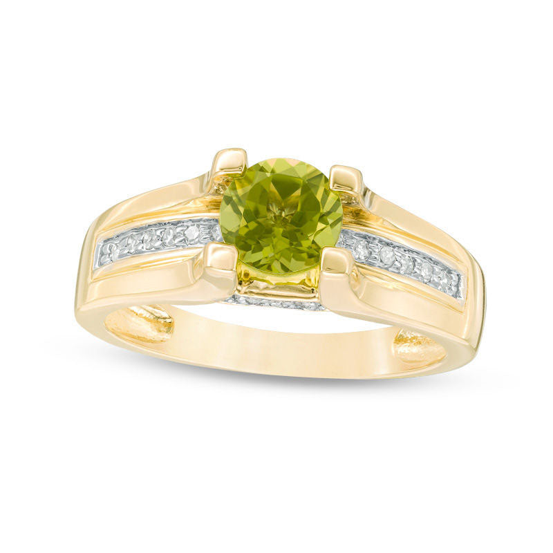 Image of ID 1 60mm Peridot and 010 CT TW Natural Diamond Cathedral Shank Ring in Solid 10K Yellow Gold