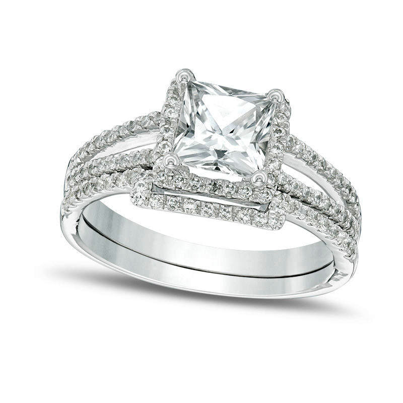 Image of ID 1 60mm Princess-Cut Lab-Created White Sapphire and 025 CT TW Diamond Frame Split Shank Bridal Engagement Ring Set in Solid 10K White Gold