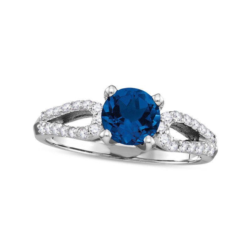 Image of ID 1 65mm Blue Sapphire and 025 CT TW Natural Diamond Split Shank Ring in Solid 10K White Gold