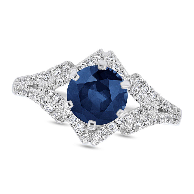 Image of ID 1 65mm Blue Sapphire and 038 CT TW Natural Diamond Geometric Frame Split Shank Engagement Ring in Solid 14K White Gold