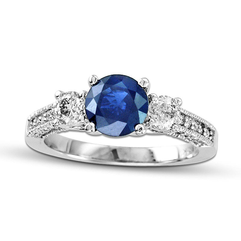 Image of ID 1 65mm Blue Sapphire and 050 CT TW Natural Diamond Engagement Three Stone Ring in Solid 14K White Gold