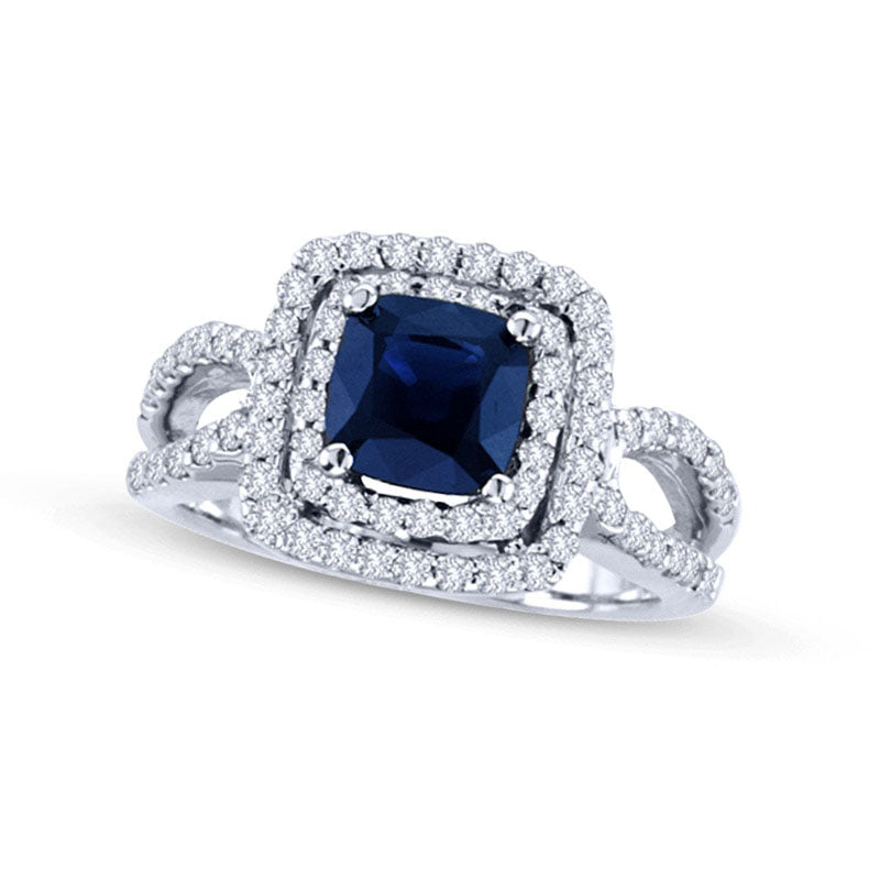 Image of ID 1 65mm Cushion-Cut Blue Sapphire and 075 CT TW Natural Diamond Frame Engagement Ring in Solid 14K White Gold