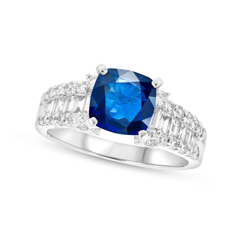 Image of ID 1 65mm Cushion-Cut Blue Sapphire and 075 CT TW Natural Diamond Triple Row Ring in Solid 18K White Gold