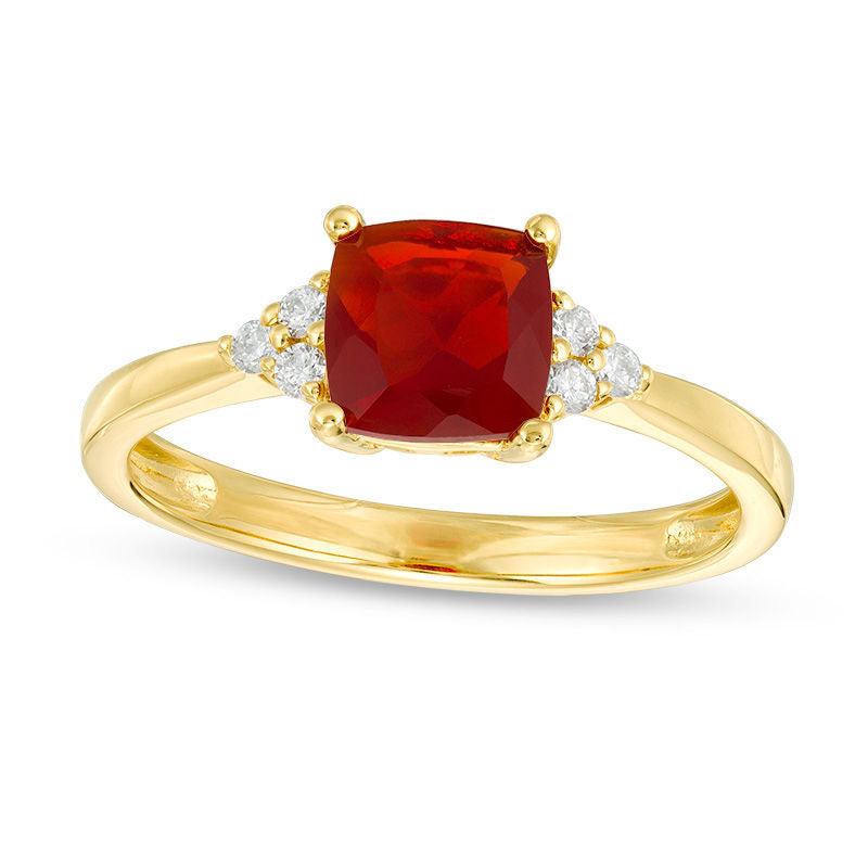 Image of ID 1 65mm Cushion-Cut Fire Opal and 010 CT TW Natural Diamond Tri-Sides Ring in Solid 14K Gold