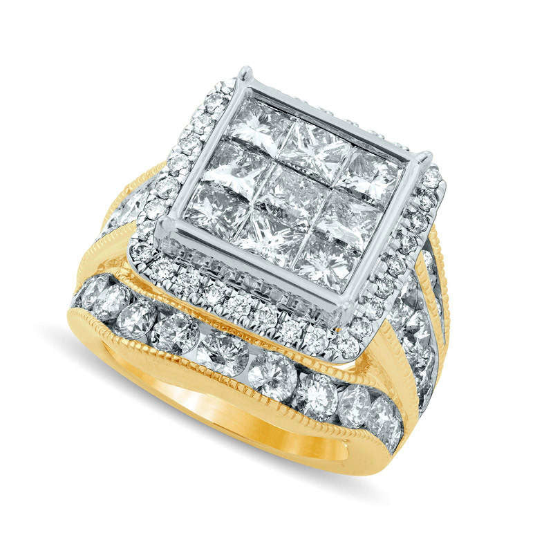 Image of ID 1 7 CT TW Princess-Cut Composite Natural Diamond Frame Triple Row Antique Vintage-Style Engagement Ring in Solid 14K Gold
