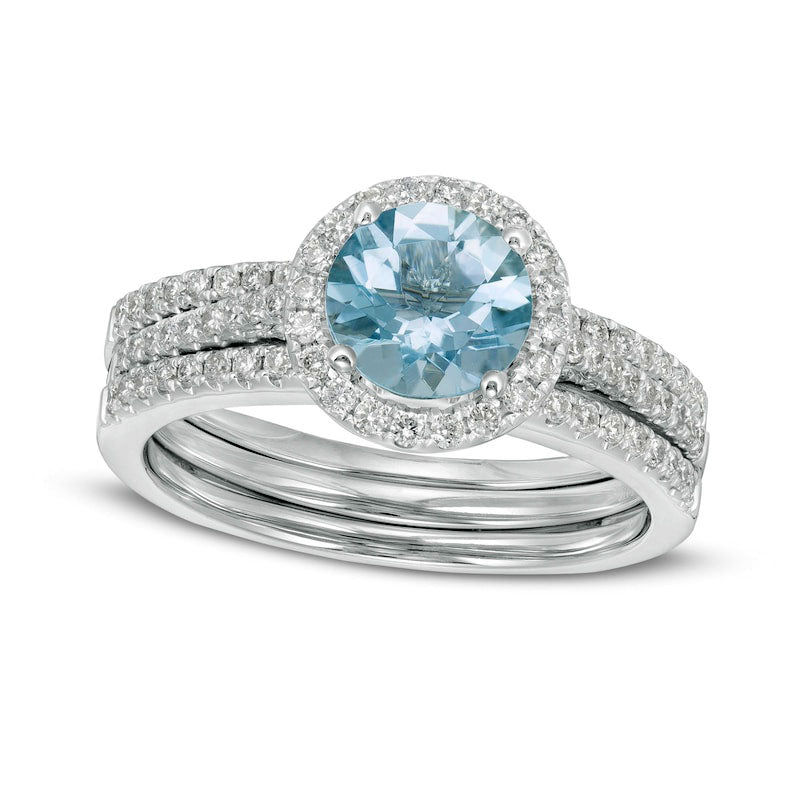 Image of ID 1 70mm Aquamarine and 038 CT TW Natural Diamond Frame Bridal Engagement Ring Set in Solid 14K White Gold