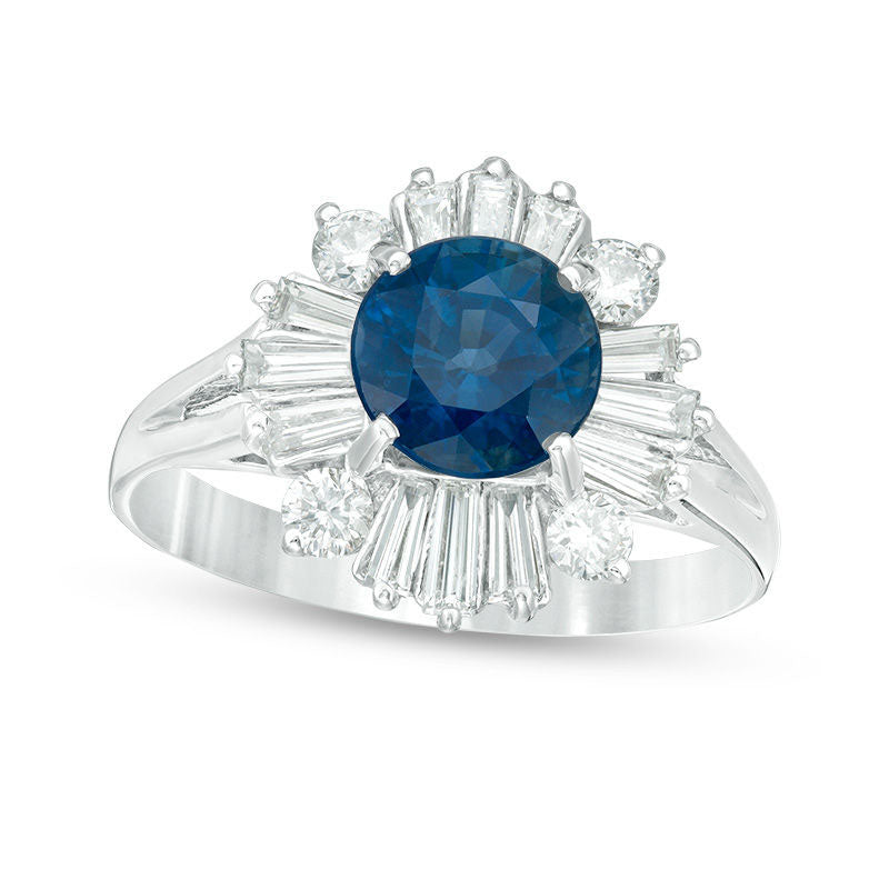 Image of ID 1 70mm Blue Sapphire and 063 CT TW Natural Diamond Sunburst Frame Split Shank Ring in Solid 14K White Gold