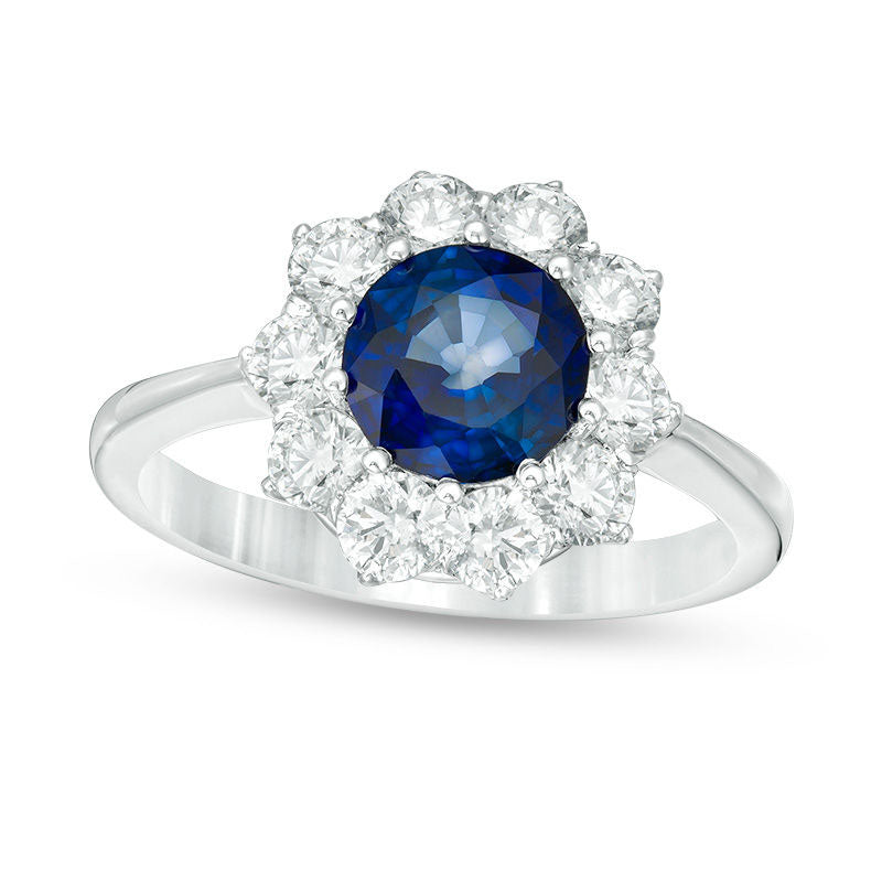 Image of ID 1 70mm Blue Sapphire and 10 CT TW Natural Diamond Sunburst Frame Ring in Solid 14K White Gold