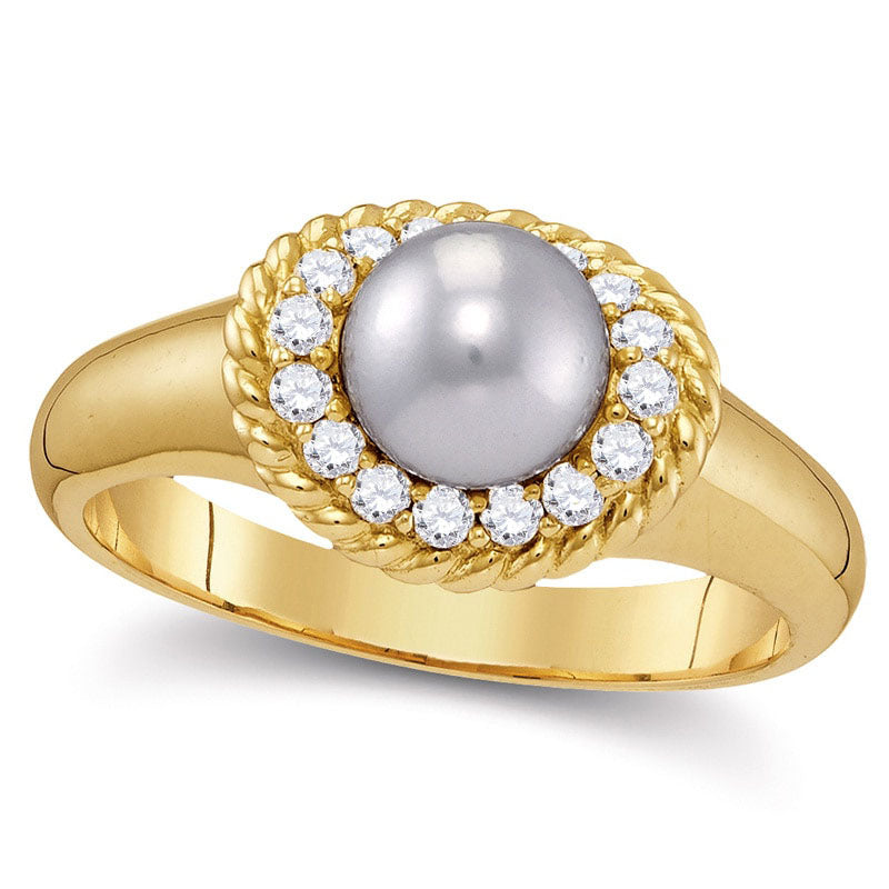 Image of ID 1 70mm Cultured Freshwater Pearl and 020 CT TW Natural Diamond Rope Frame Ring in Solid 10K Yellow Gold