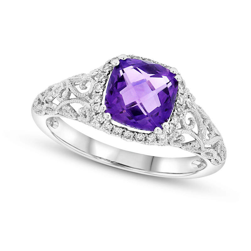 Image of ID 1 70mm Cushion-Cut Amethyst and 013 CT TW Natural Diamond Frame Antique Vintage-Style Scroll Ring in Solid 14K White Gold