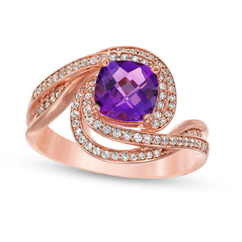 Image of ID 1 70mm Cushion-Cut Amethyst and 033 CT TW Natural Diamond Swirl Bypass Ring in Solid 10K Rose Gold